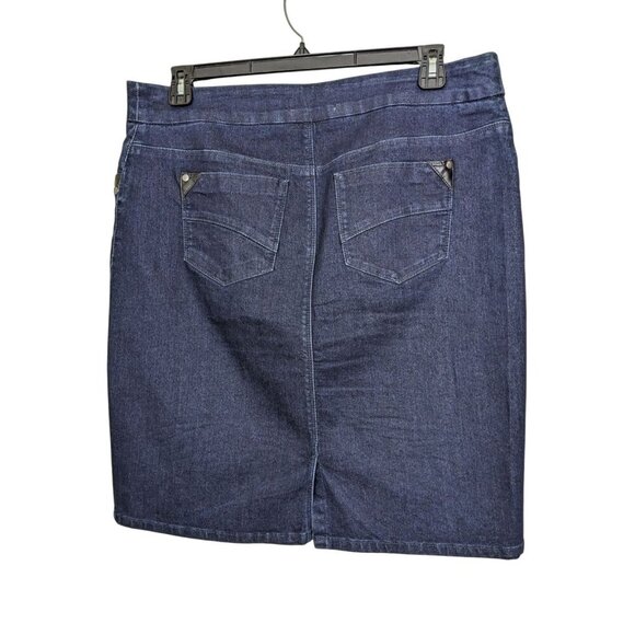 Womens Jean Pencil Skirt Size 14 Dark Wash Denim Blue Back Slit Stretch Pockets - Picture 2 of 7